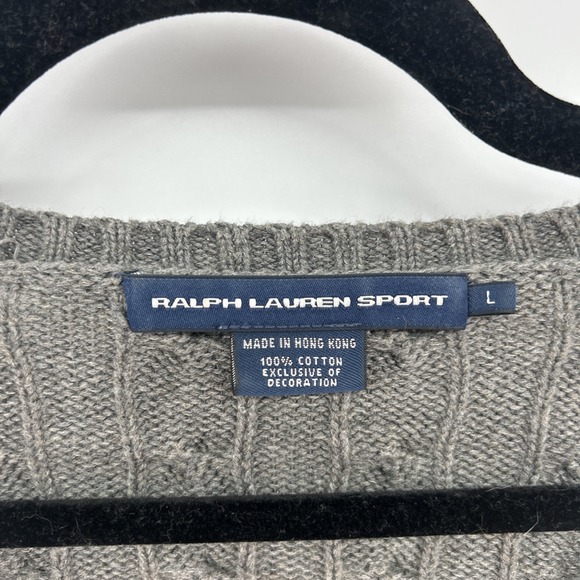 Ralph Lauren Sport Sweater  Vintage Large Women's Gray V Neck Cable Knit Preppy - Picture 3 of 7